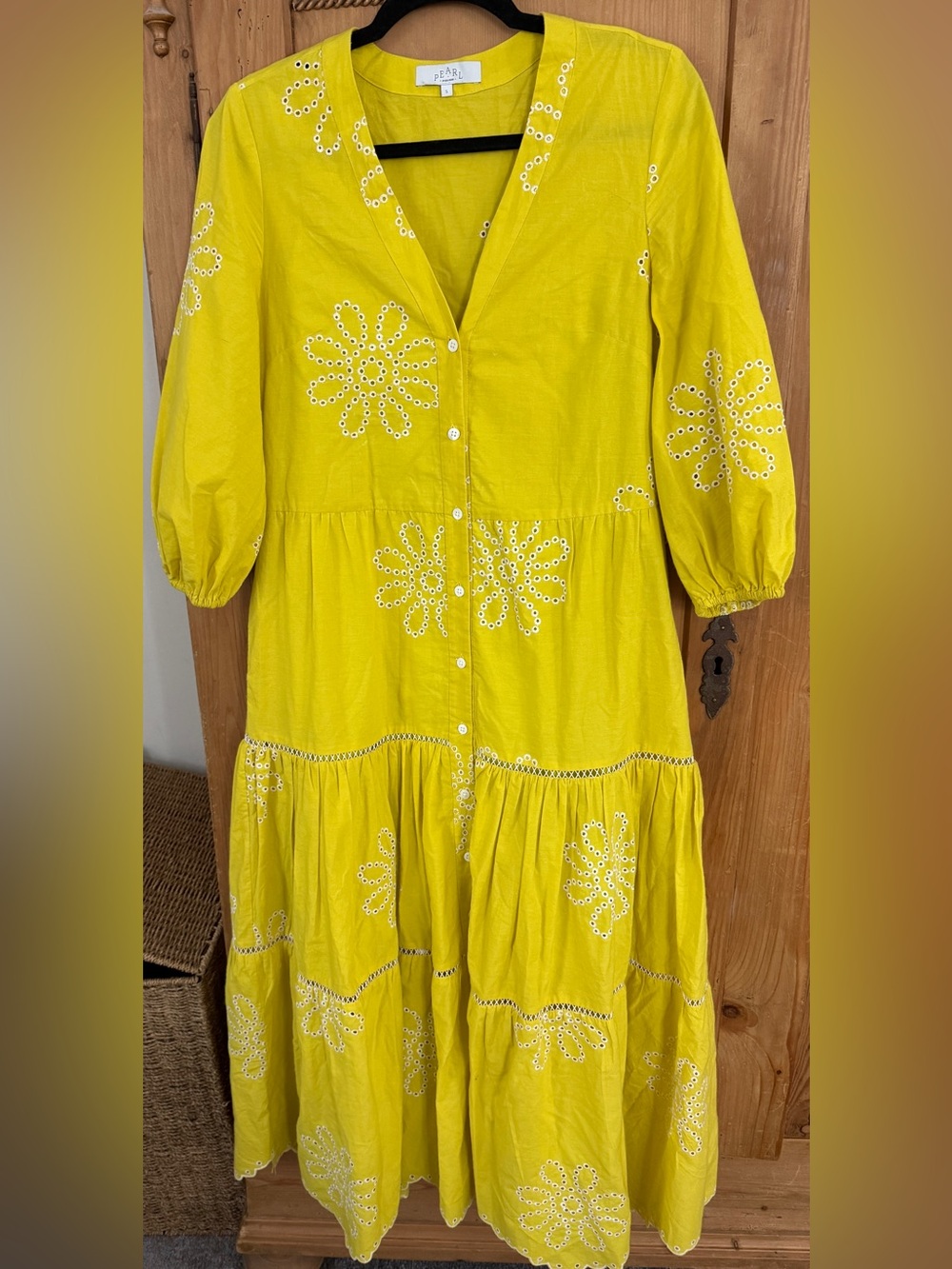 Pearl By Lela Rose Yellow Eyelet Floral Tiered Button Dress